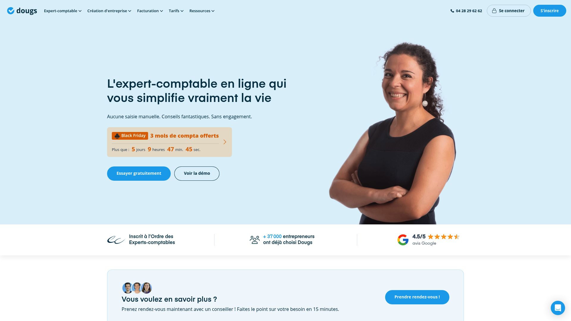 Website screenshot of Dougs.fr homepage showing their accounting software interface