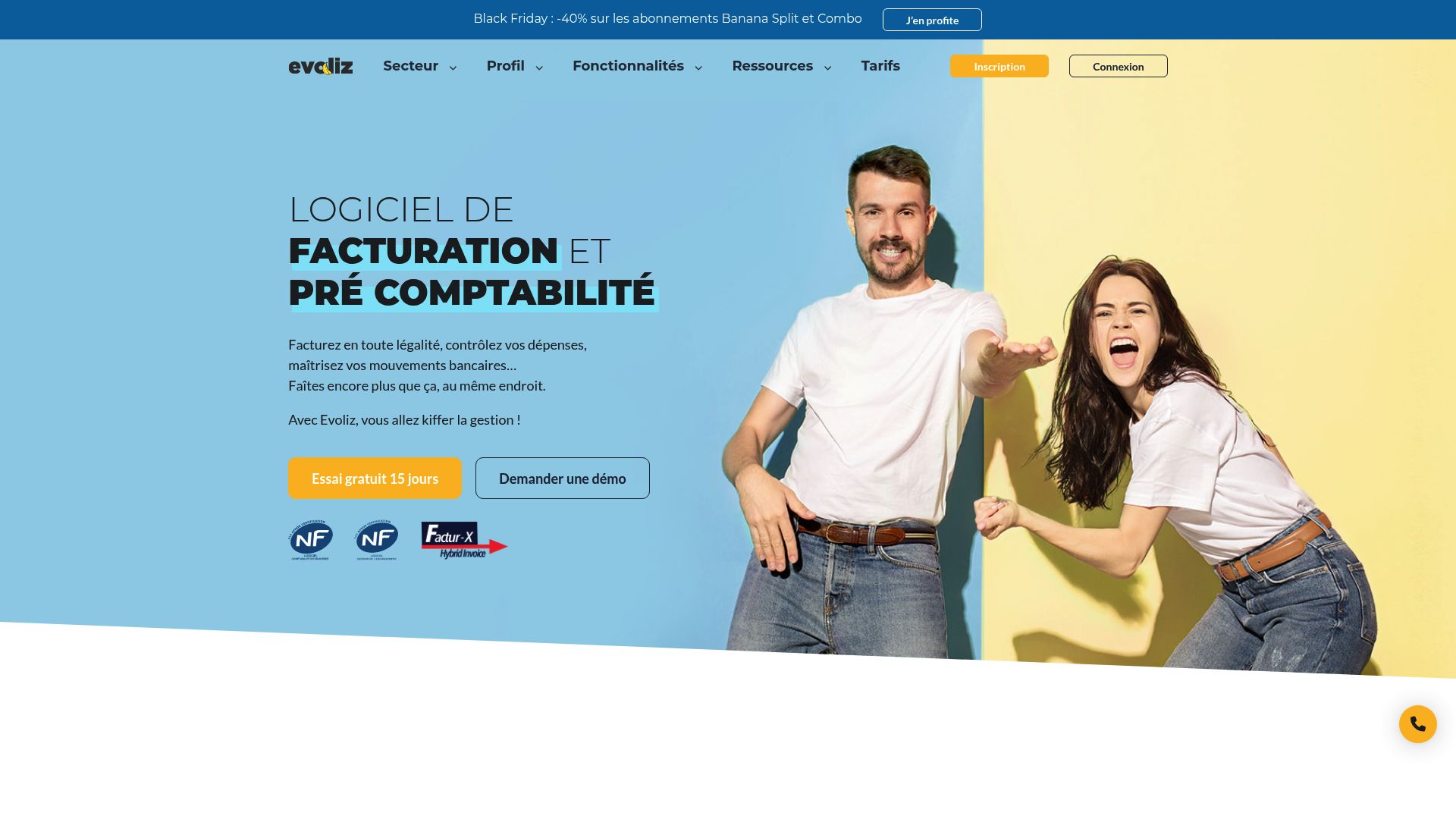 Screenshot of Evoliz website homepage showcasing their billing interface