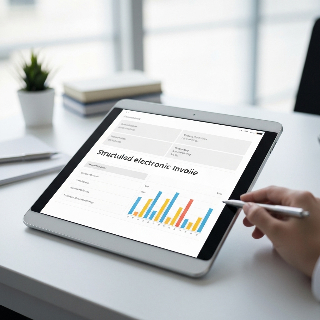 Close-up of a digital tablet displaying a structured electronic invoice with energy efficiency certificates data overlaid