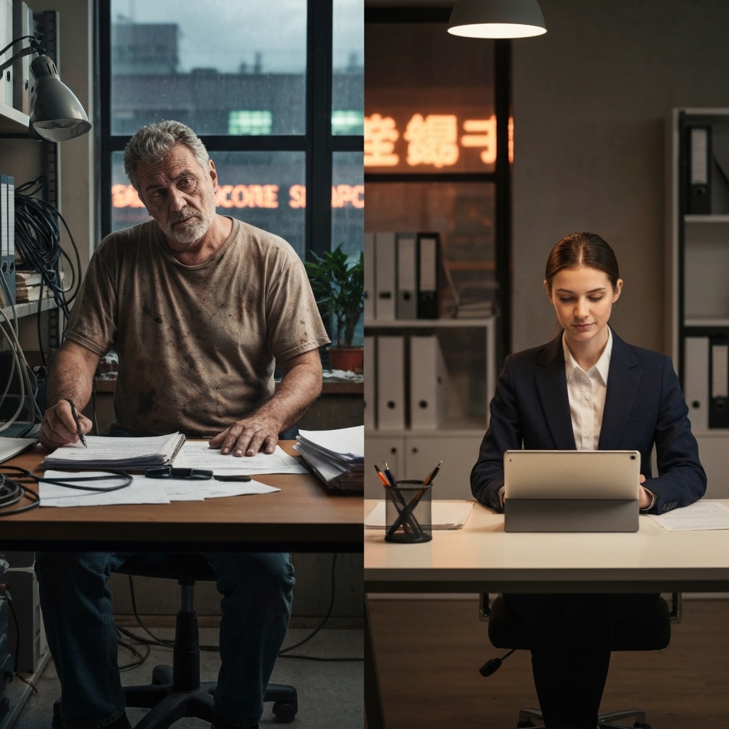 A stressed contractor looking at a pile of paperwork in a dim office vs a relaxed contractor using a tablet