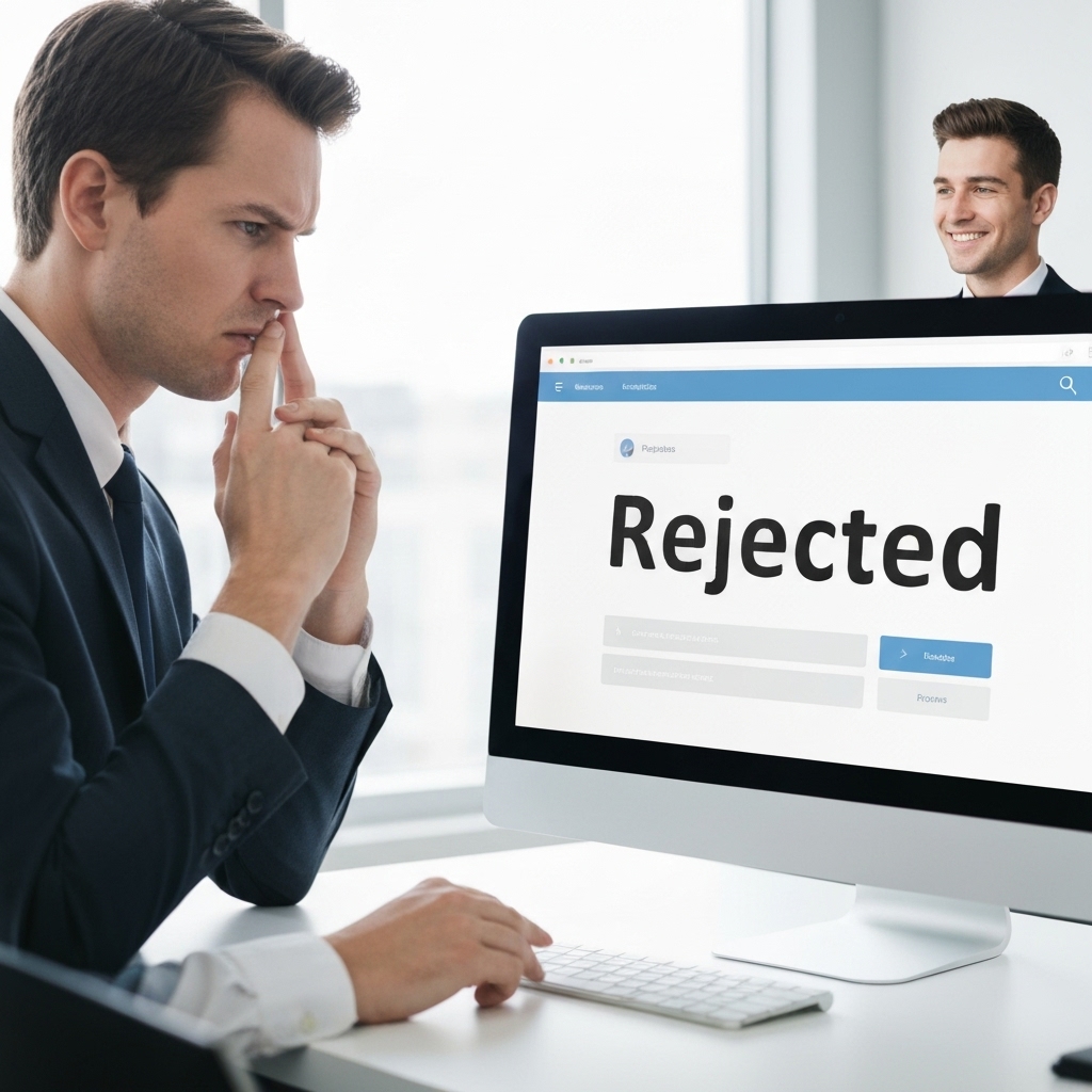 A stressful business owner looking at a computer screen with a rejected file notification, contrasting with a relaxed user using a streamlined interface