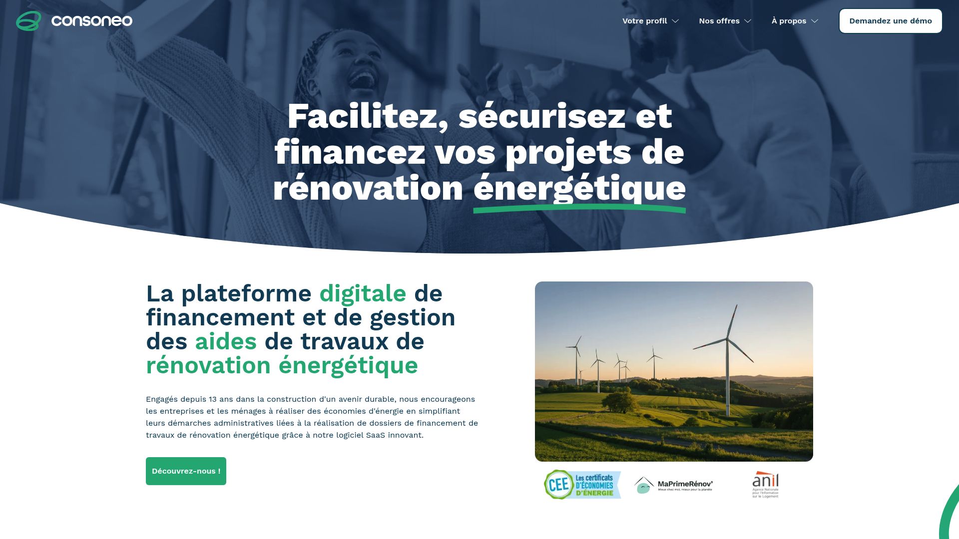Consoneo interface on a laptop showing stats and trusted partners logos