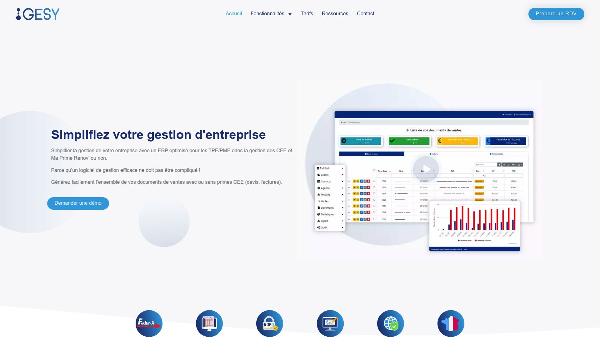 Screenshot of Gesy.app homepage emphasizing ERP features for installers https://www.gesy.app