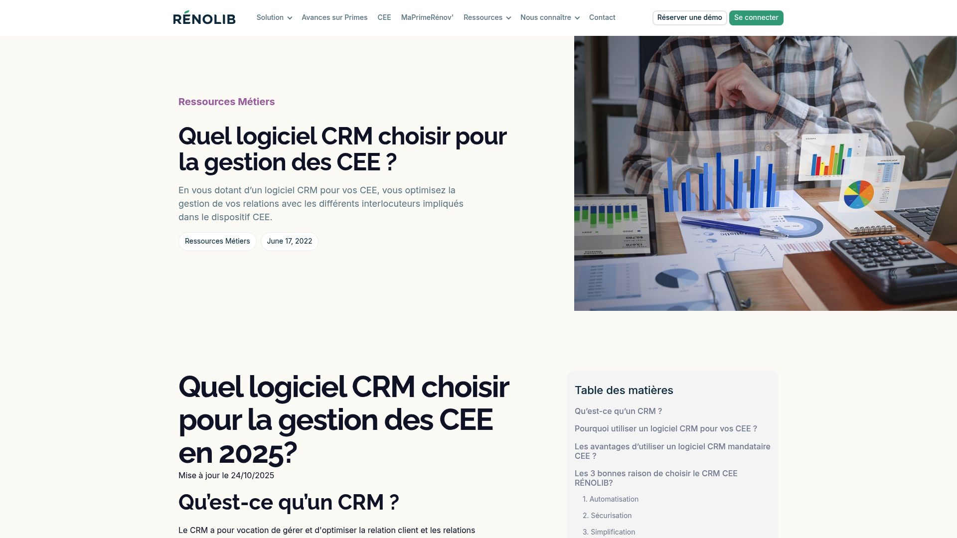 Homepage of Renolib website explaining their CRM solution