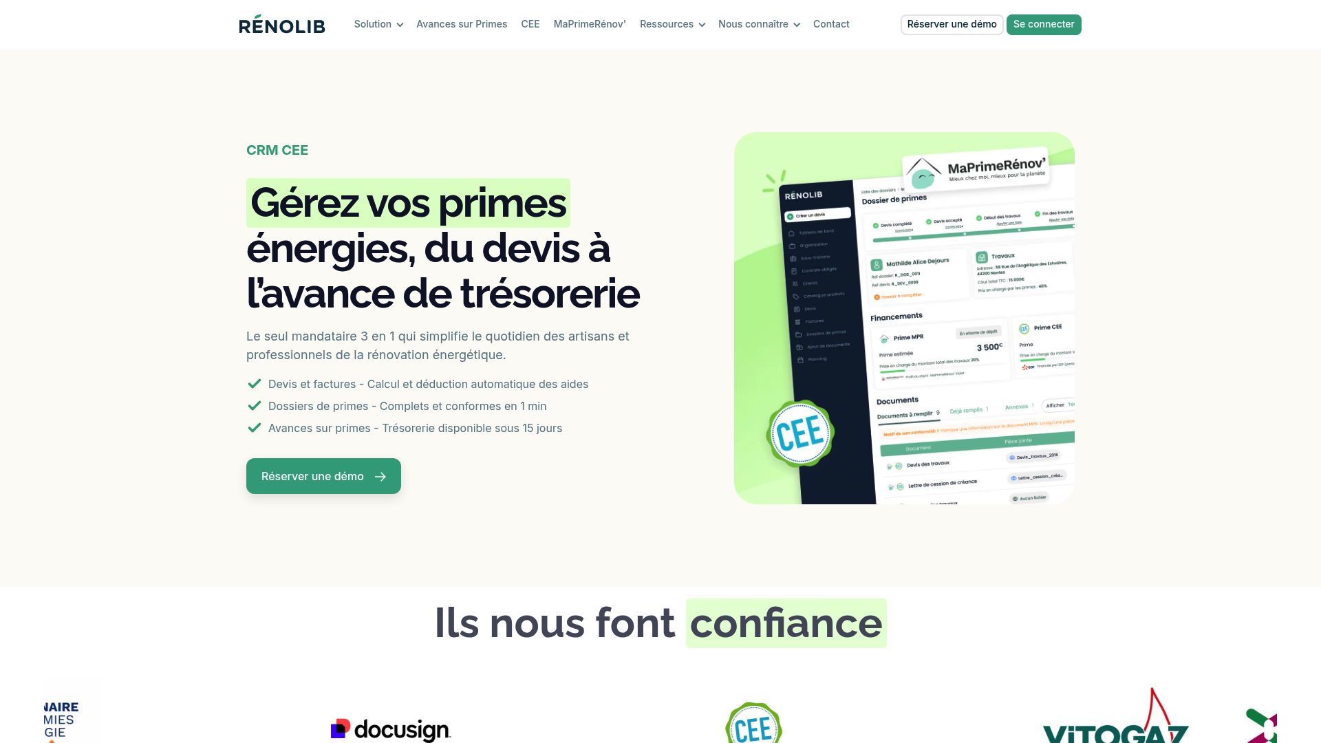 Screenshot of Renolib homepage highlighting features for energy renovation professionals