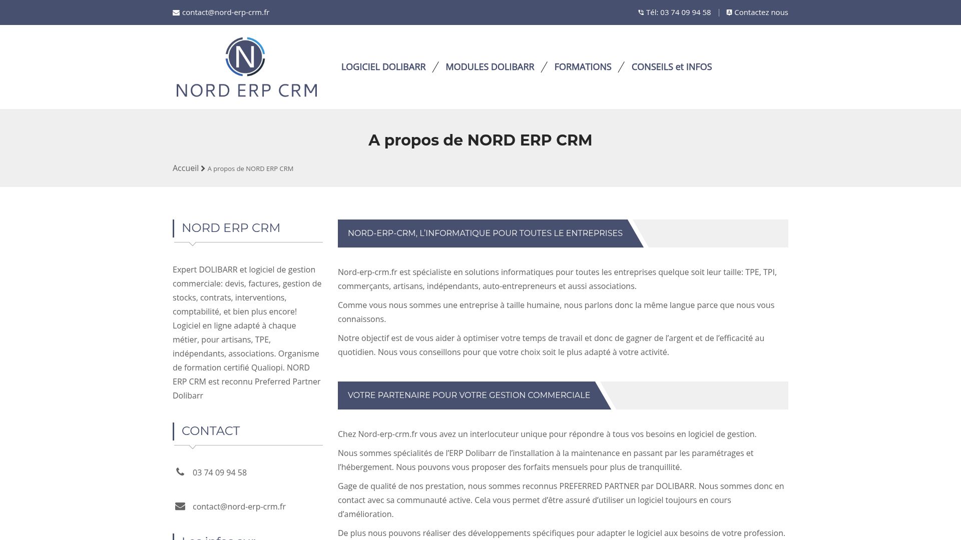 screenshot of nord-erp-crm.fr homepage showing their services for artisans in North of France