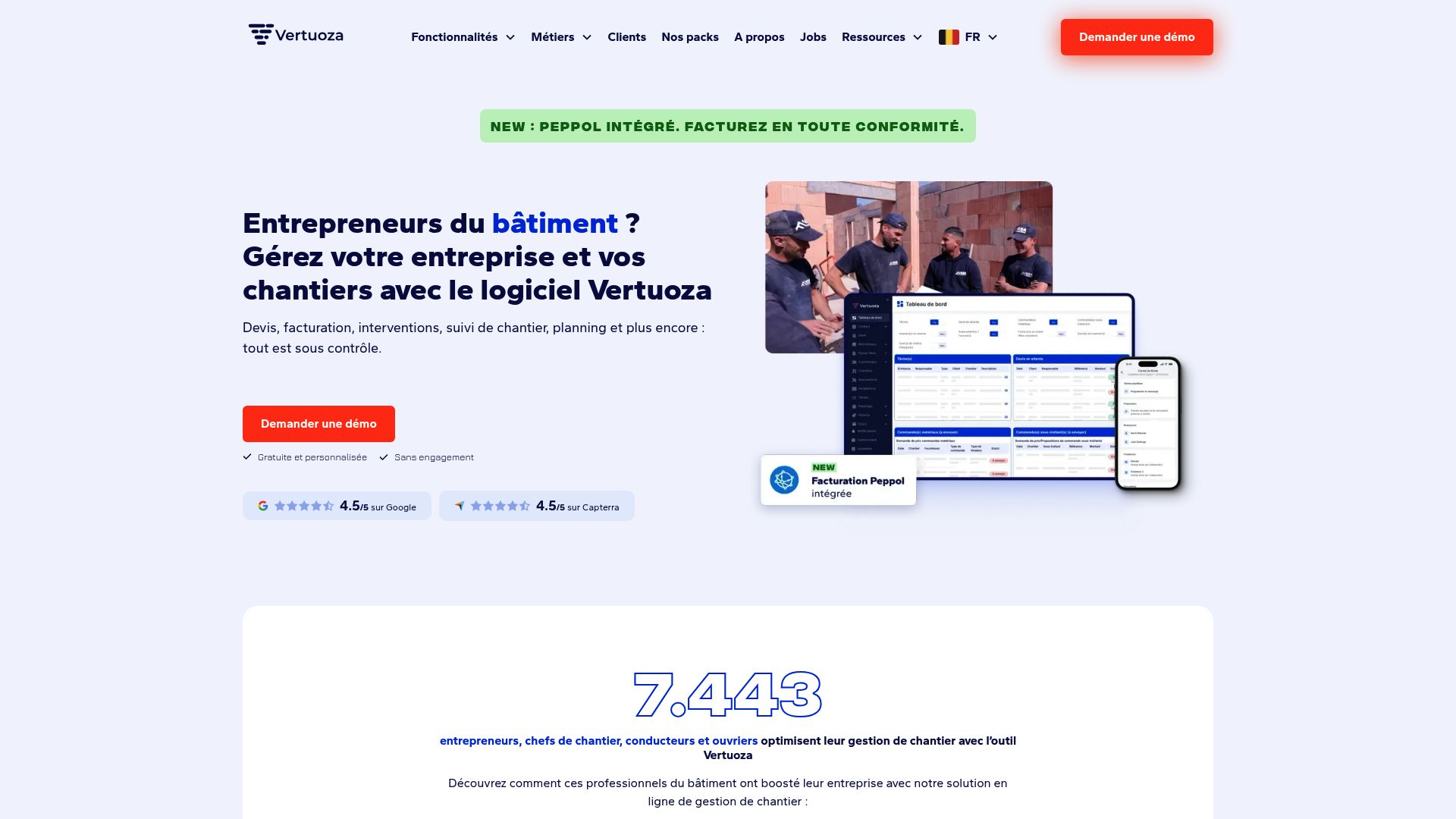 screenshot of vertuoza.com website emphasizing construction management features