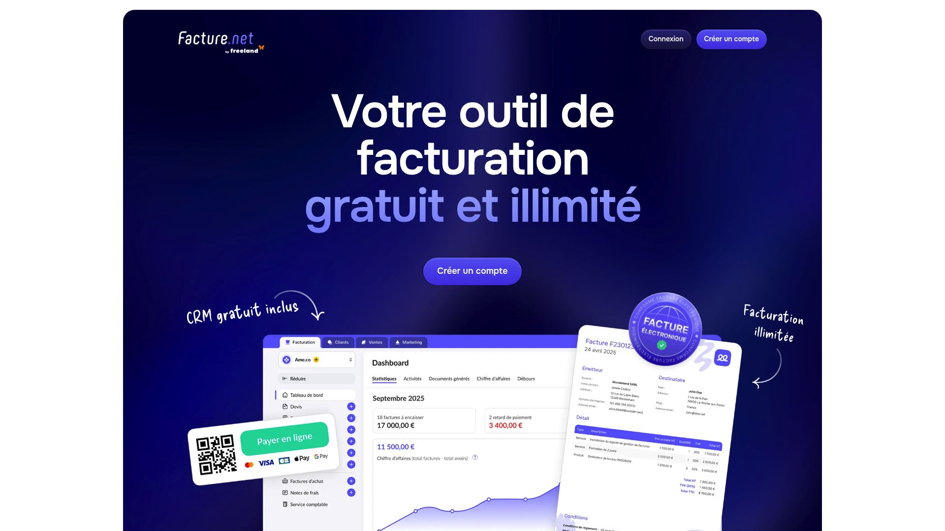 Homepage of Facture.net showing the dashboard interface