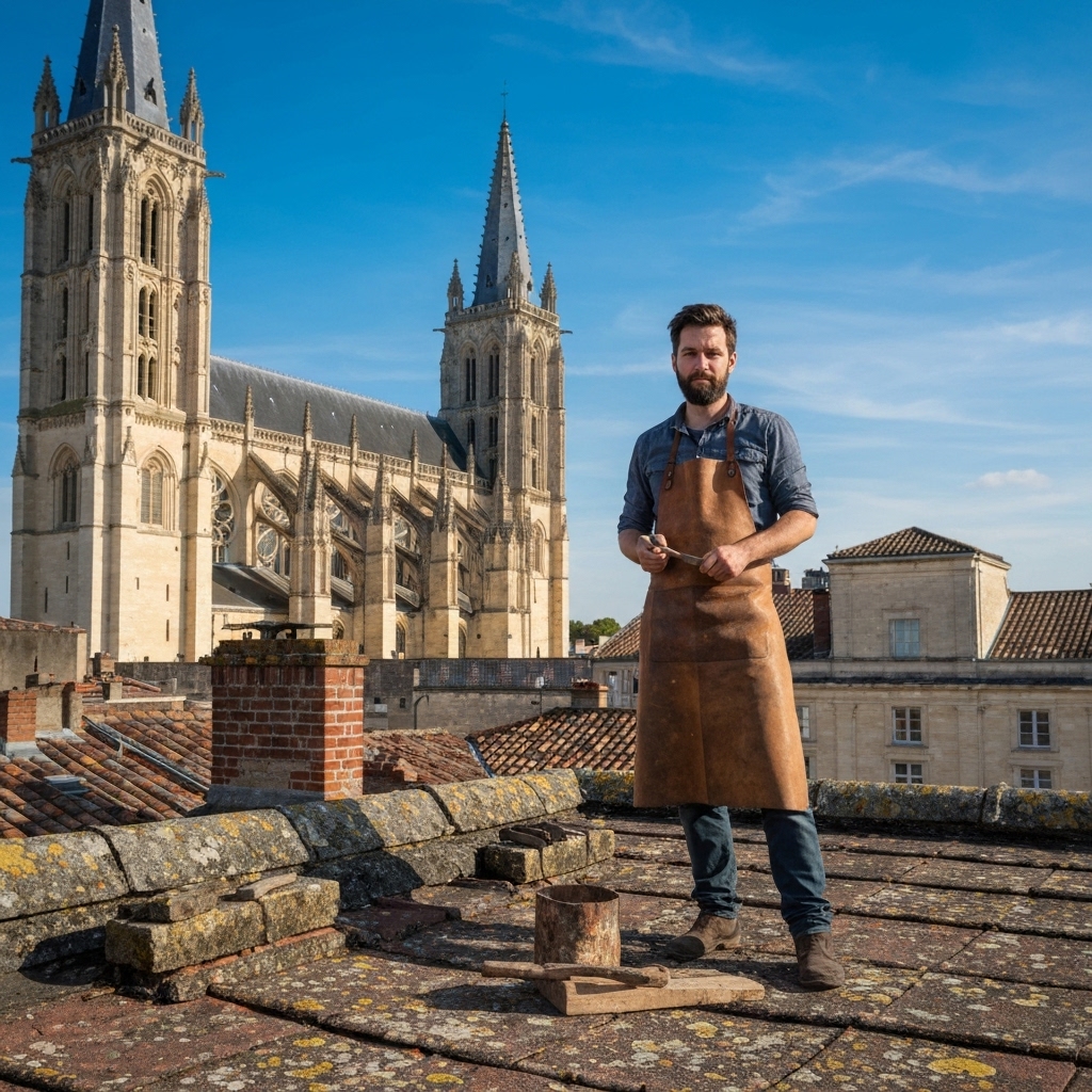 Artisan using a tablet on a rooftop in Bordeaux with Saint-André Cathedral in background