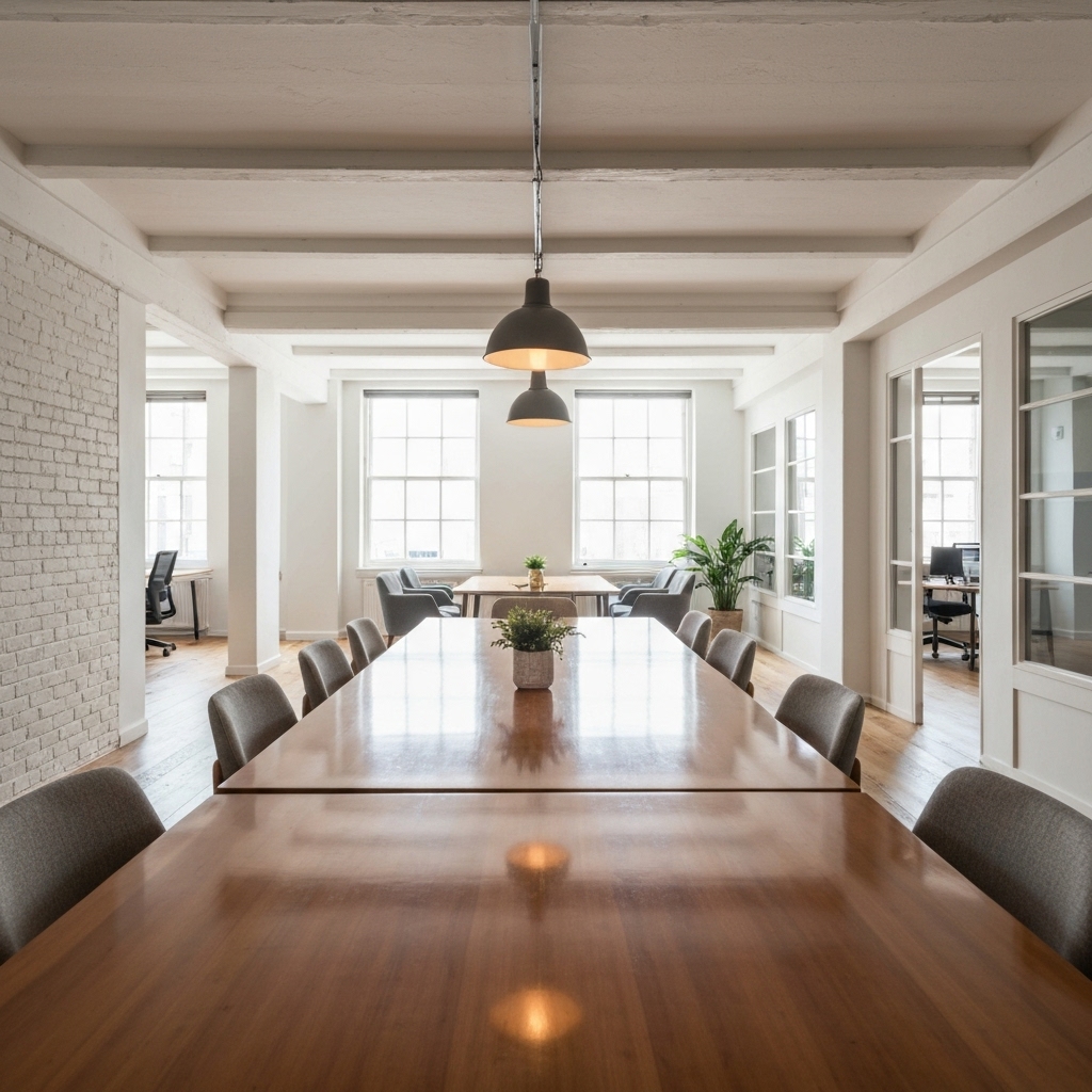 Modern office workspace in Bordeaux with energetic renovation plans on table