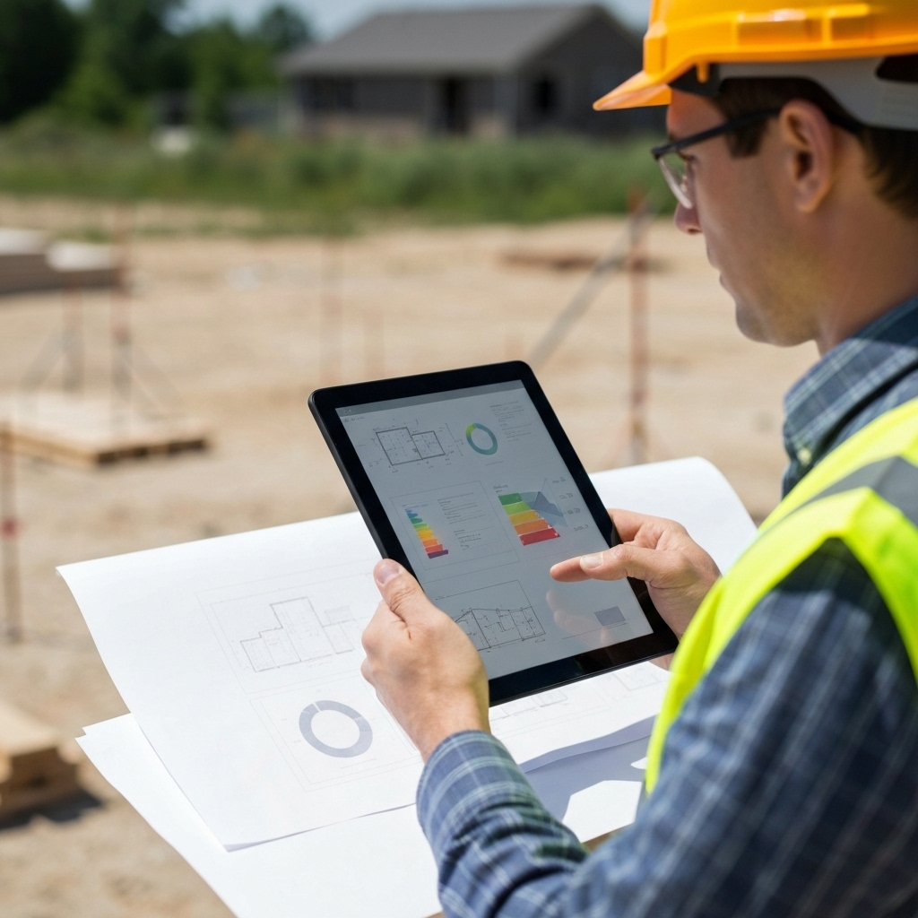 Construction manager looking at a tablet on a residential site with blueprints and energy charts overlay
