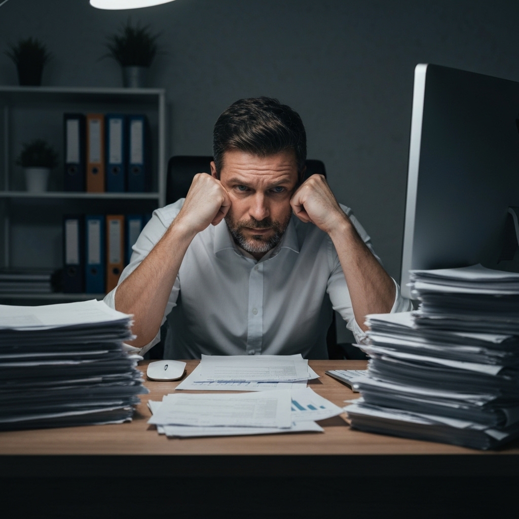 A stressed small business owner buried under a pile of paperwork and invoices looking at a computer screen, hyper realistic style