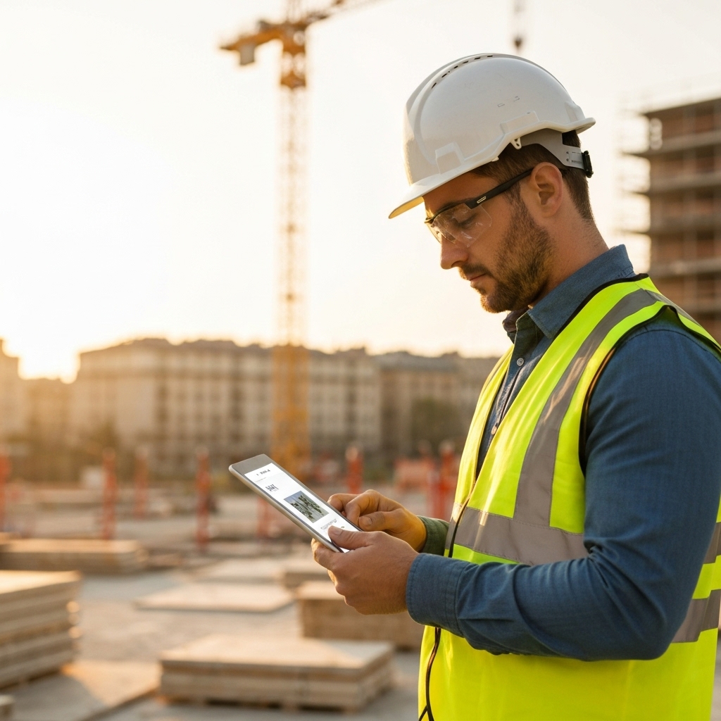 A professional contractor on a construction site in Lyon managing a project on a tablet with the Gesy interface visible