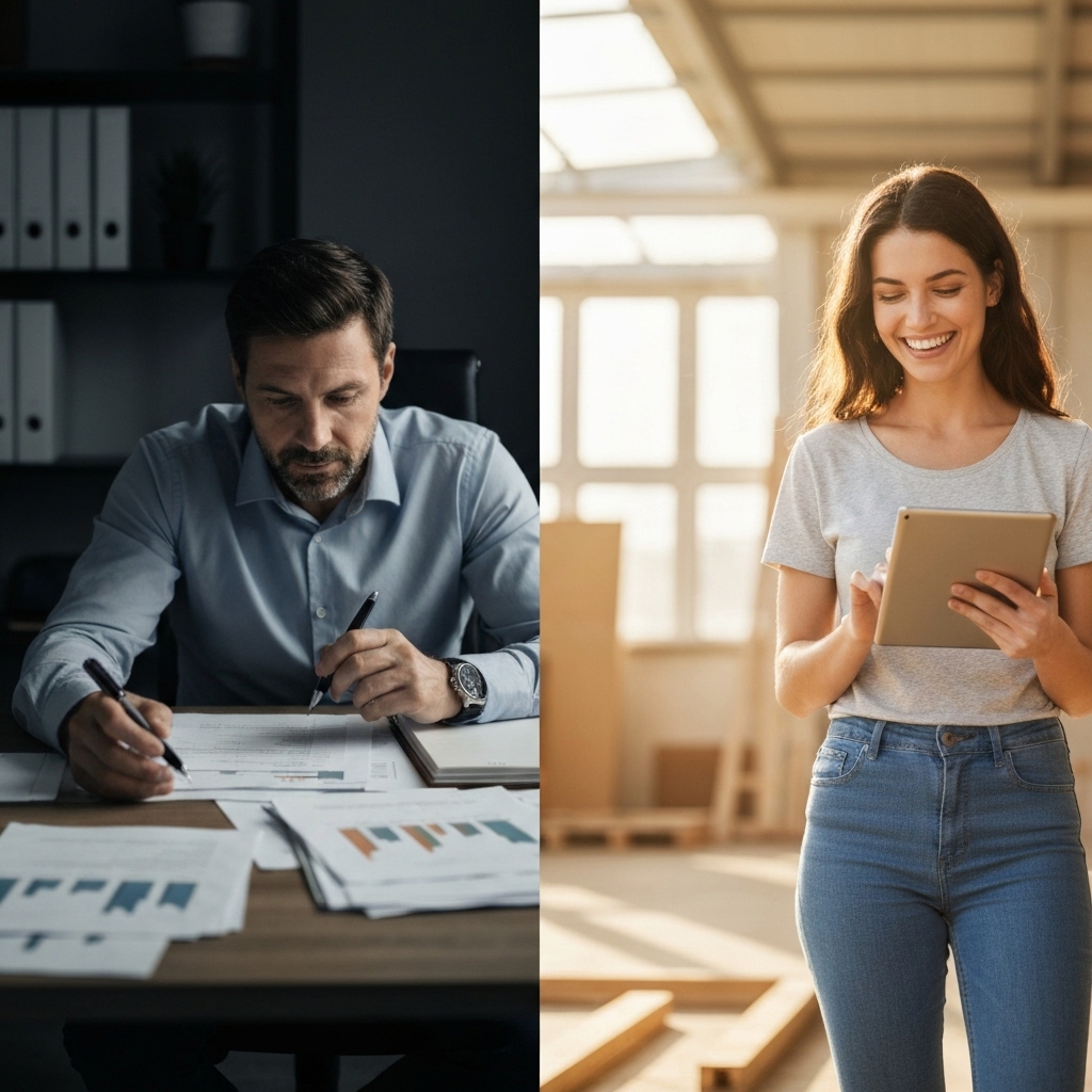 A split image showing a stressed contractor surrounded by paperwork on the left, and a relaxed contractor using a tablet on a construction site on the right.