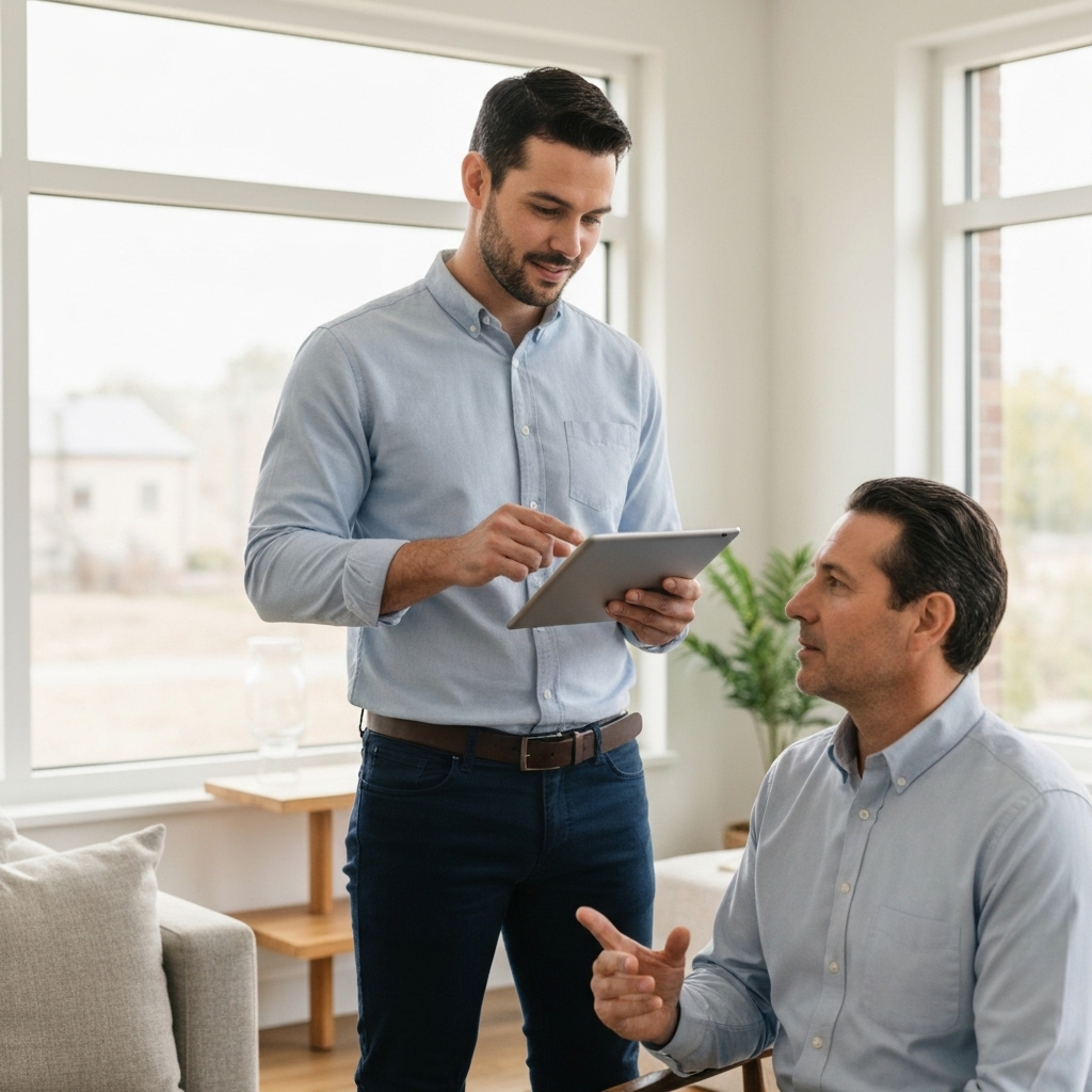 A professional contractor explaining energy savings charts to a homeowner in a modern living room, realistic lighting
