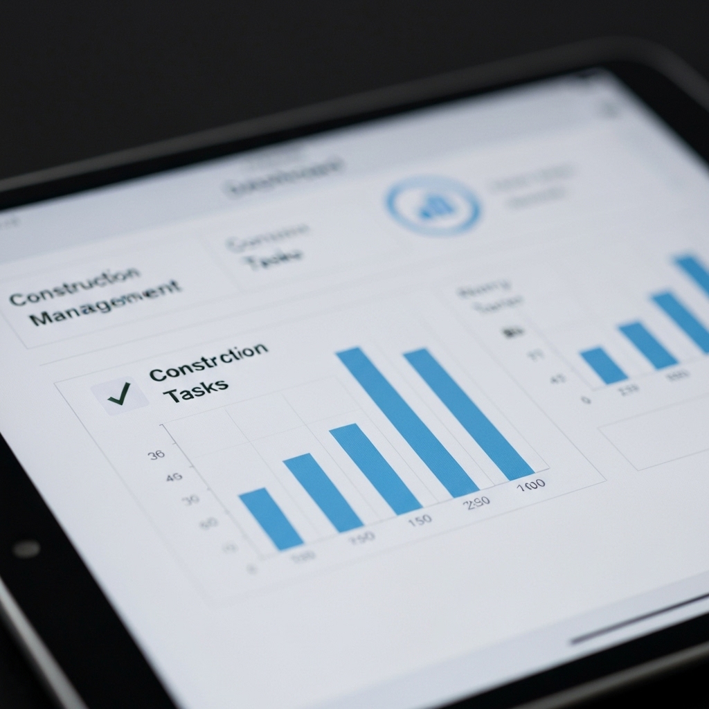 Close up of a tablet showing a construction management dashboard with checked tasks and graphs