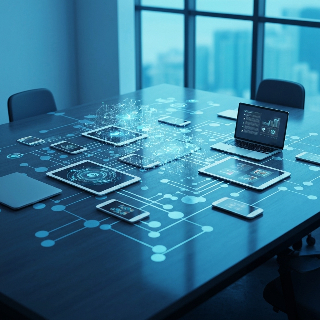 Illustration showing a futuristic cloud network connecting various business devices like tablets, phones and laptops in a modern office environment