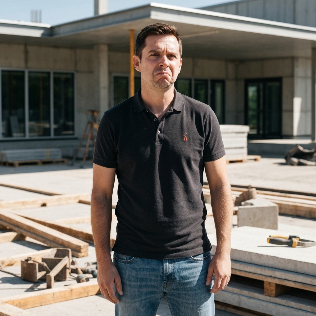 A stressed construction manager overwhelmed by paperwork piles related to energy certificates versus a calm manager using a tablet