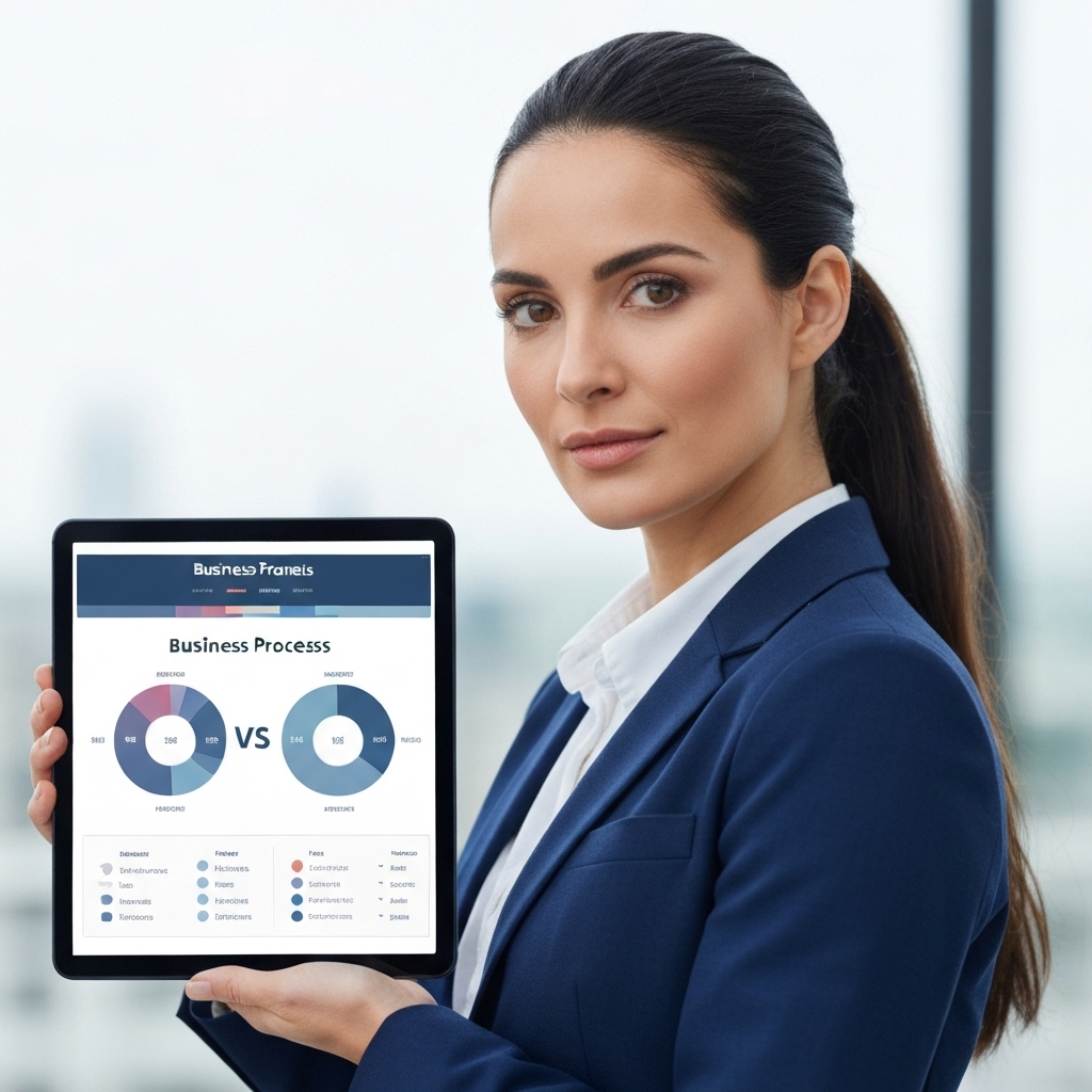 Comparison chart on a tablet screen showing features of standard invoicing software vs specialized ERP