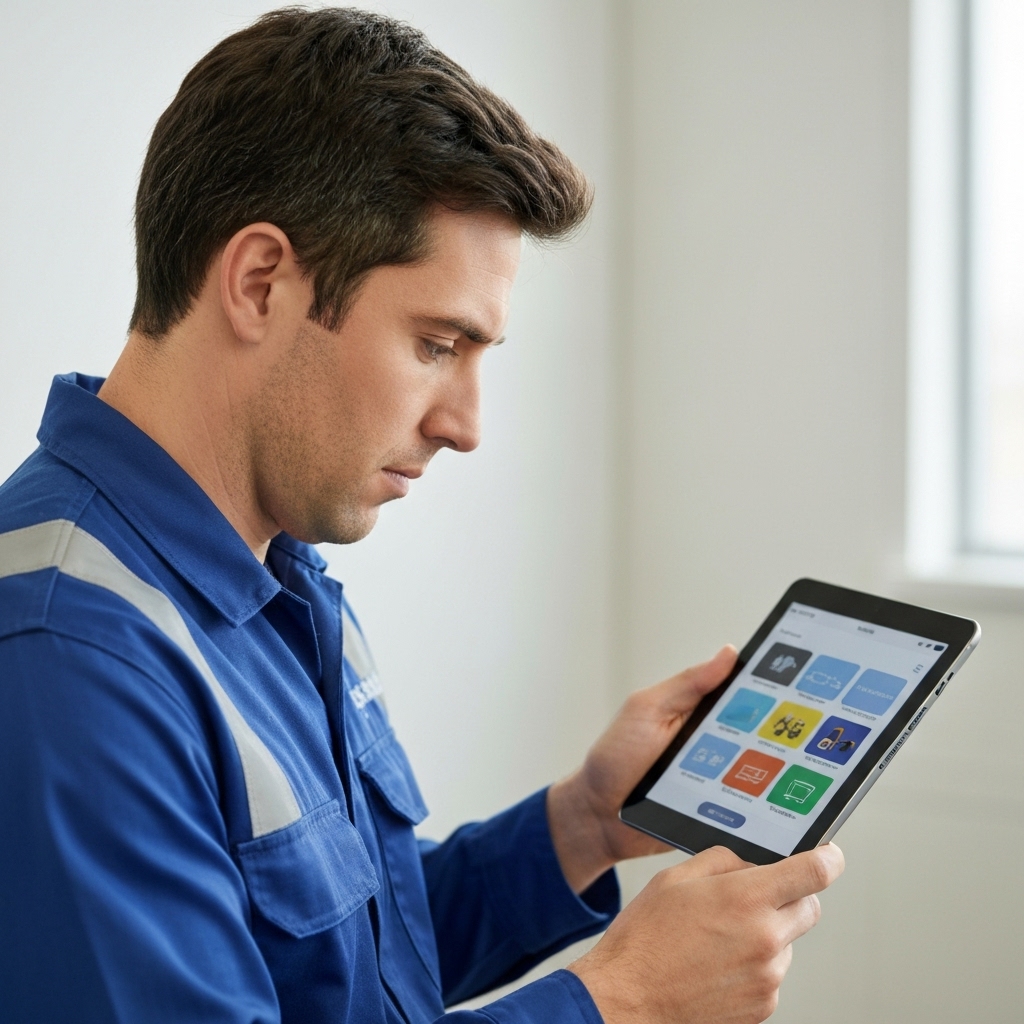 A professional contractor looking relieved while looking at a tablet showing a clean dashboard, contrasting with a pile of messy papers in the background.