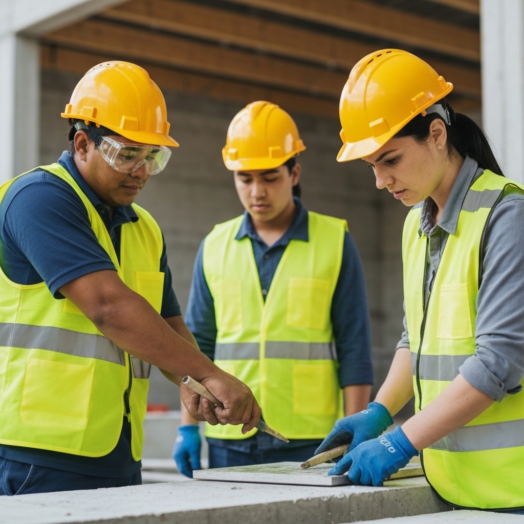 Equipe de techniciens en rénovation énergétique consultant une tablette sur un chantier avec un fond lumineux