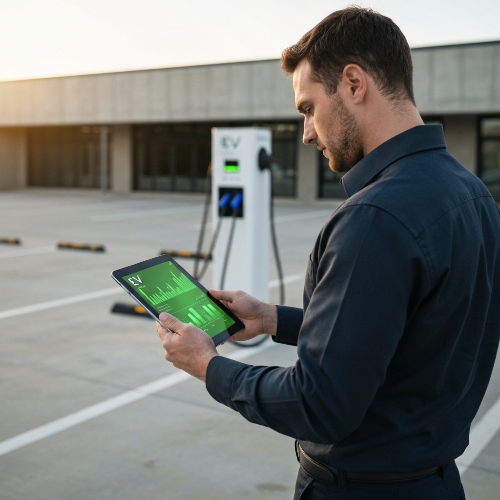 Technician aiming a tablet at an electric vehicle charging station in a modern parking lot, visualizing overlay data about energy consumption and maintenance schedules