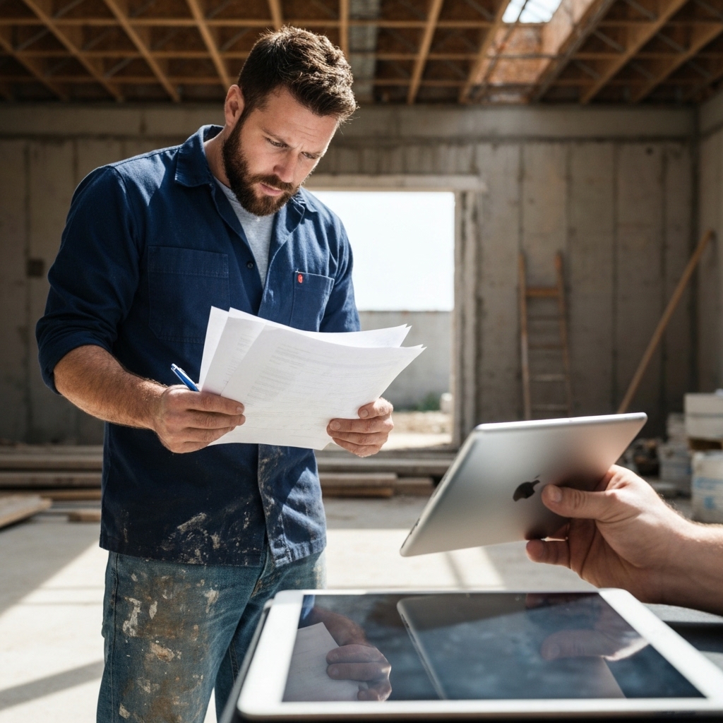 A frustrated contractor at a desk in Toulouse looking at paperwork versus a calm contractor using a tablet