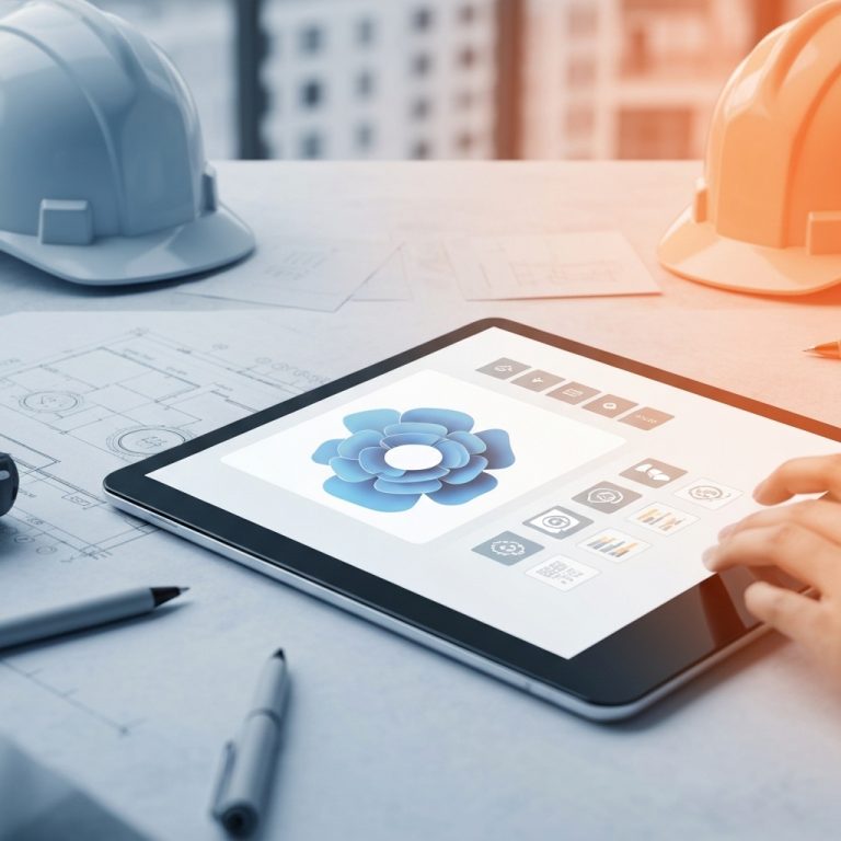 Logiciel CRM affiché sur une tablette numérique au milieu d'un chantier, symbolisant le crm pme bâtiment moderne et efficace.