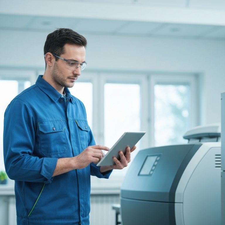 Un chauffagiste RGE utilise un logiciel ERP sur tablette pour gérer ses interventions efficacement.