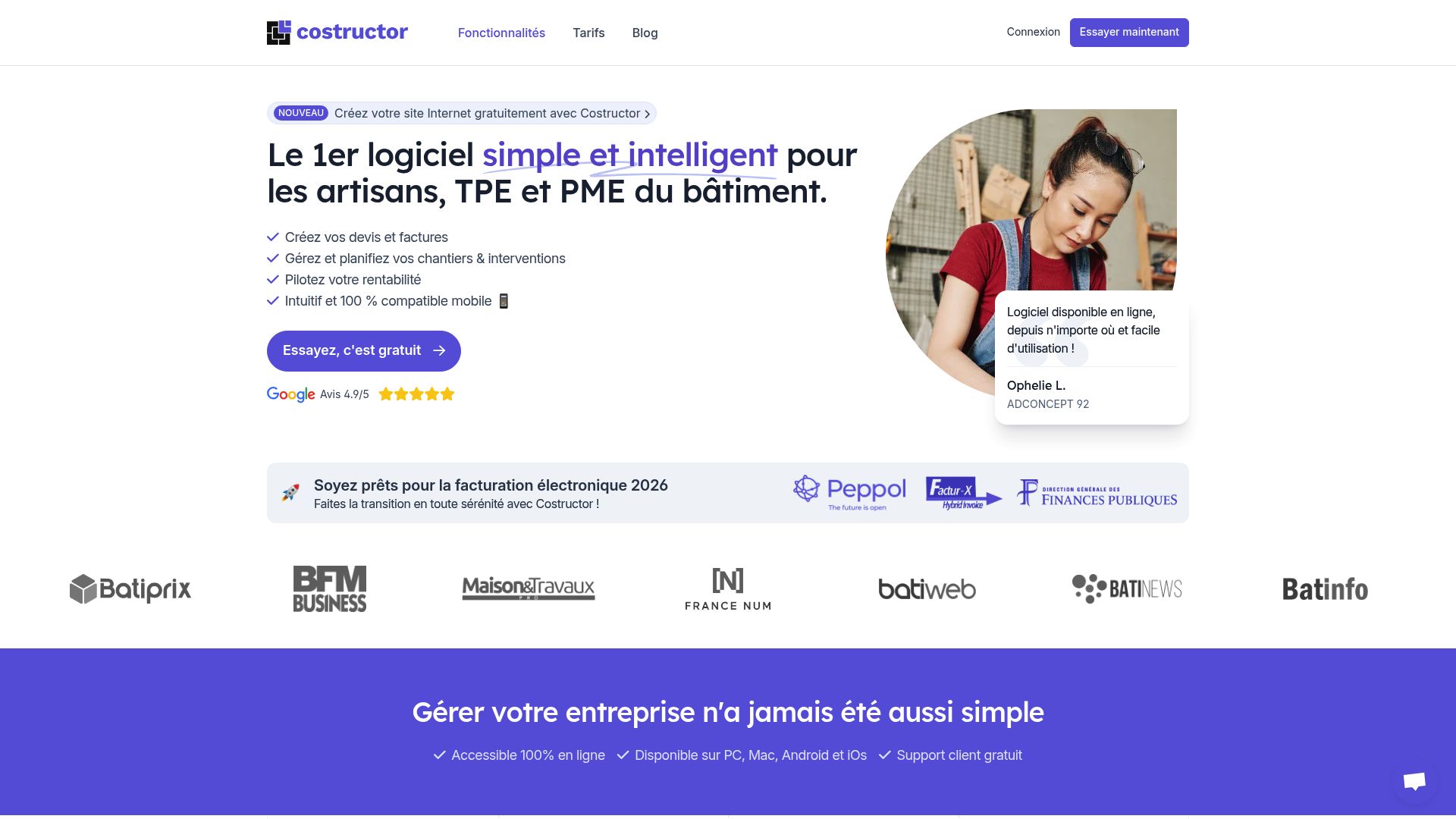 Tableau comparatif des fonctionnalités de facturation entre Costructor, Boby et Gesy sur un écran d