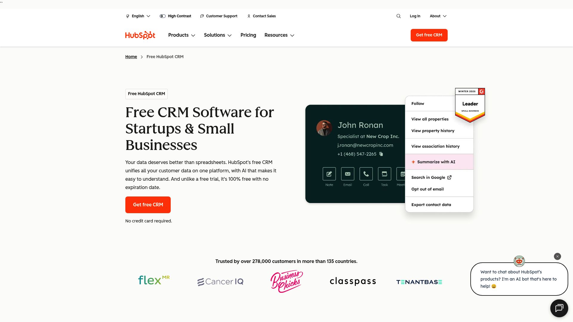 Screenshot of the HubSpot homepage emphasizing their free CRM offering