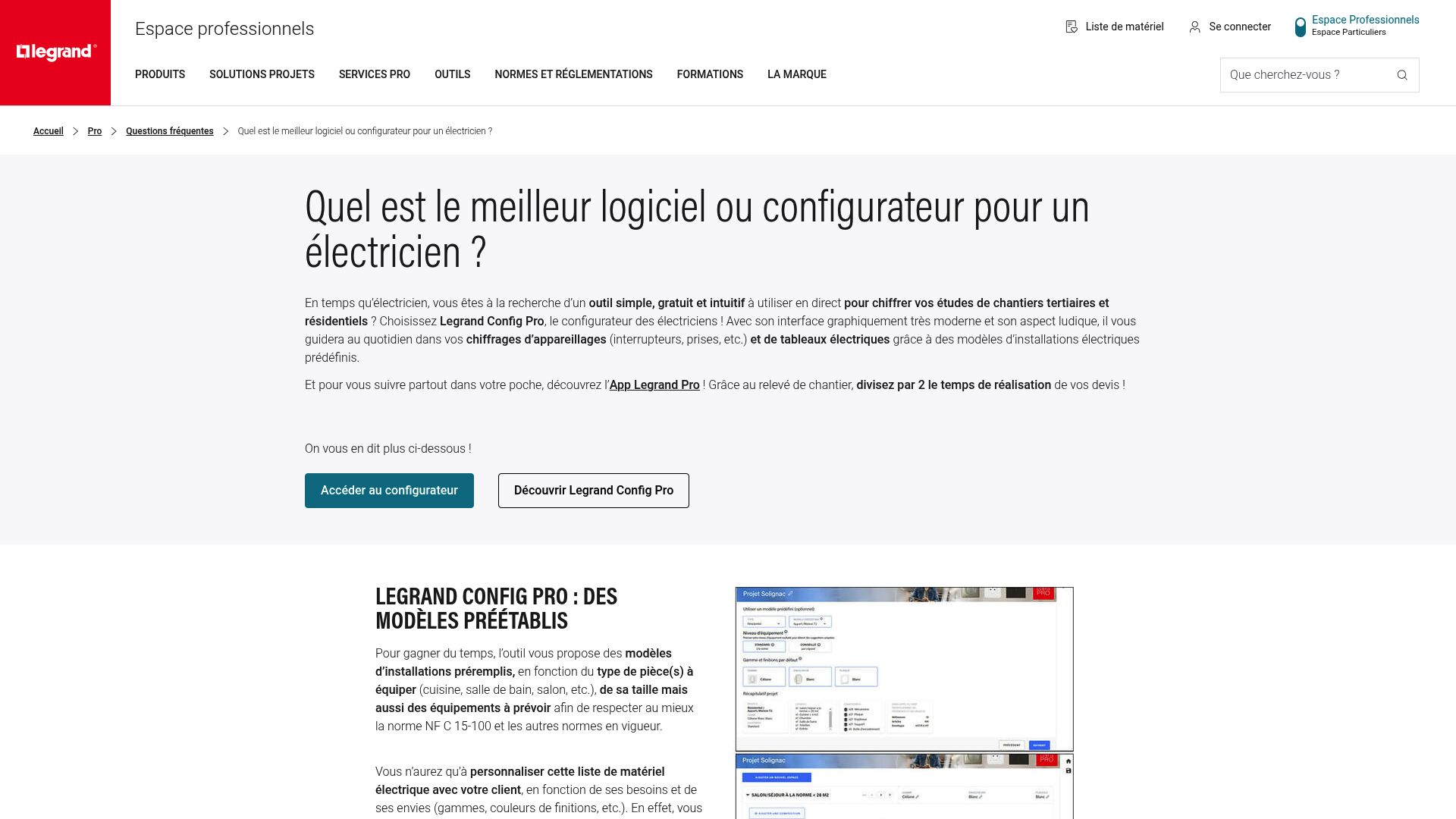 Screenshot of Legrand Config Pro interface showing electrical panel configuration