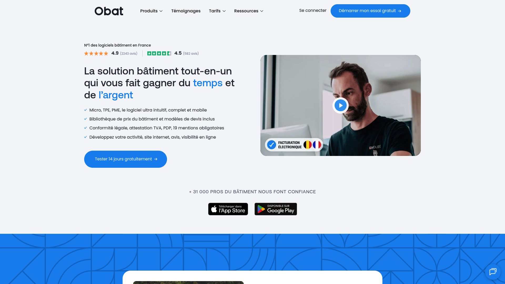 Screenshot of Obat homepage focusing on their billing software for craftsmen