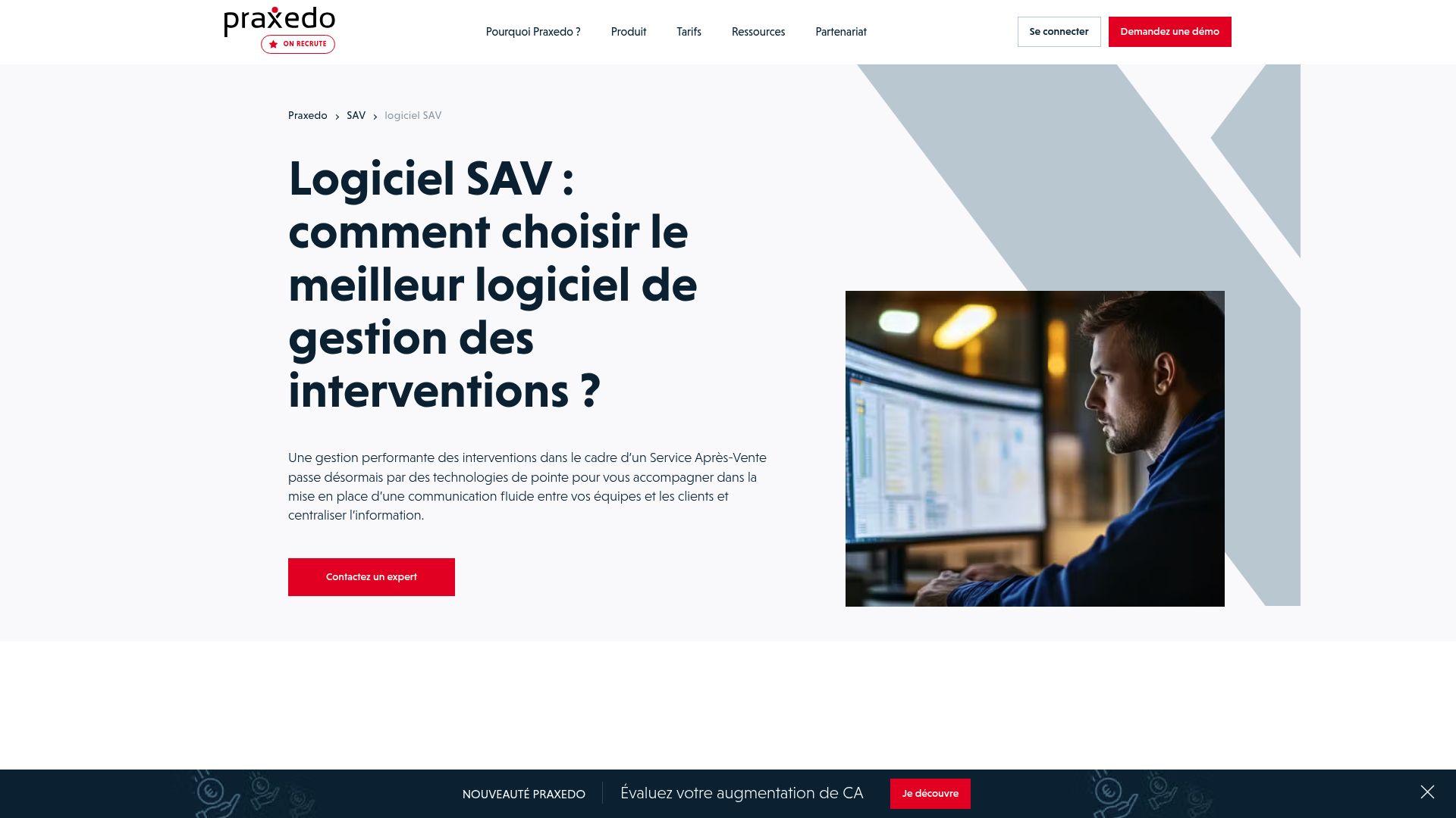 Screenshot of Praxedo platform showing the geolocation map and real-time technician tracking.