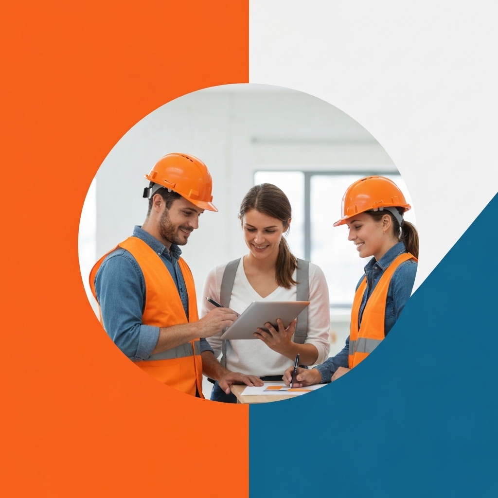Construction project manager using digital tablet on building site with workers in background, modern construction management