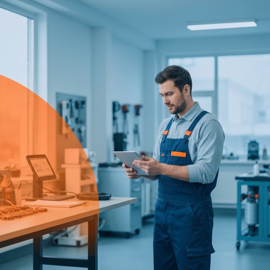 Heating contractor in work uniform reviewing information on tablet screen in well-organized workshop with tools and equipment visible in background