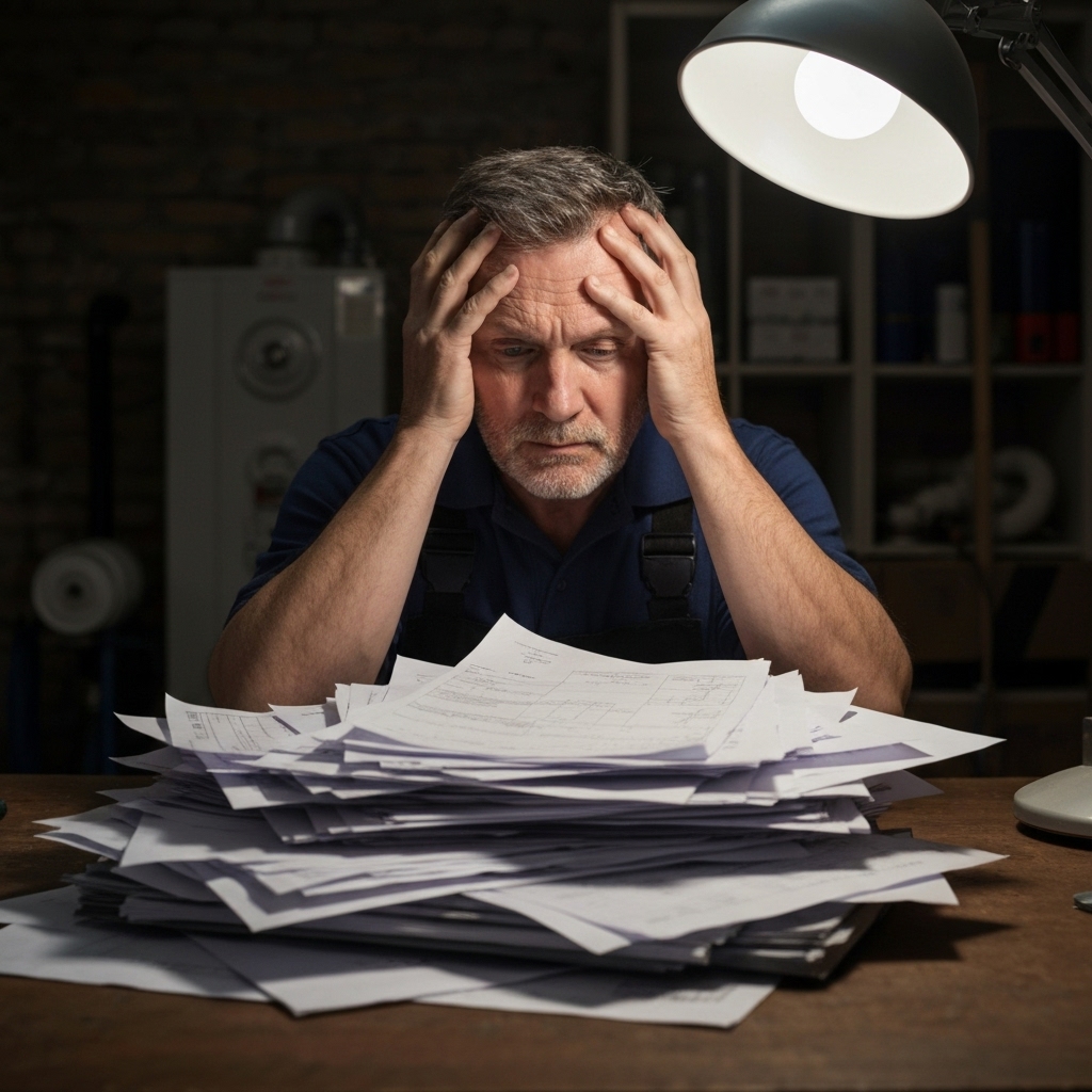 Heating engineer looking stressed at a pile of paperwork and invoices in a messy workshop, realistic style