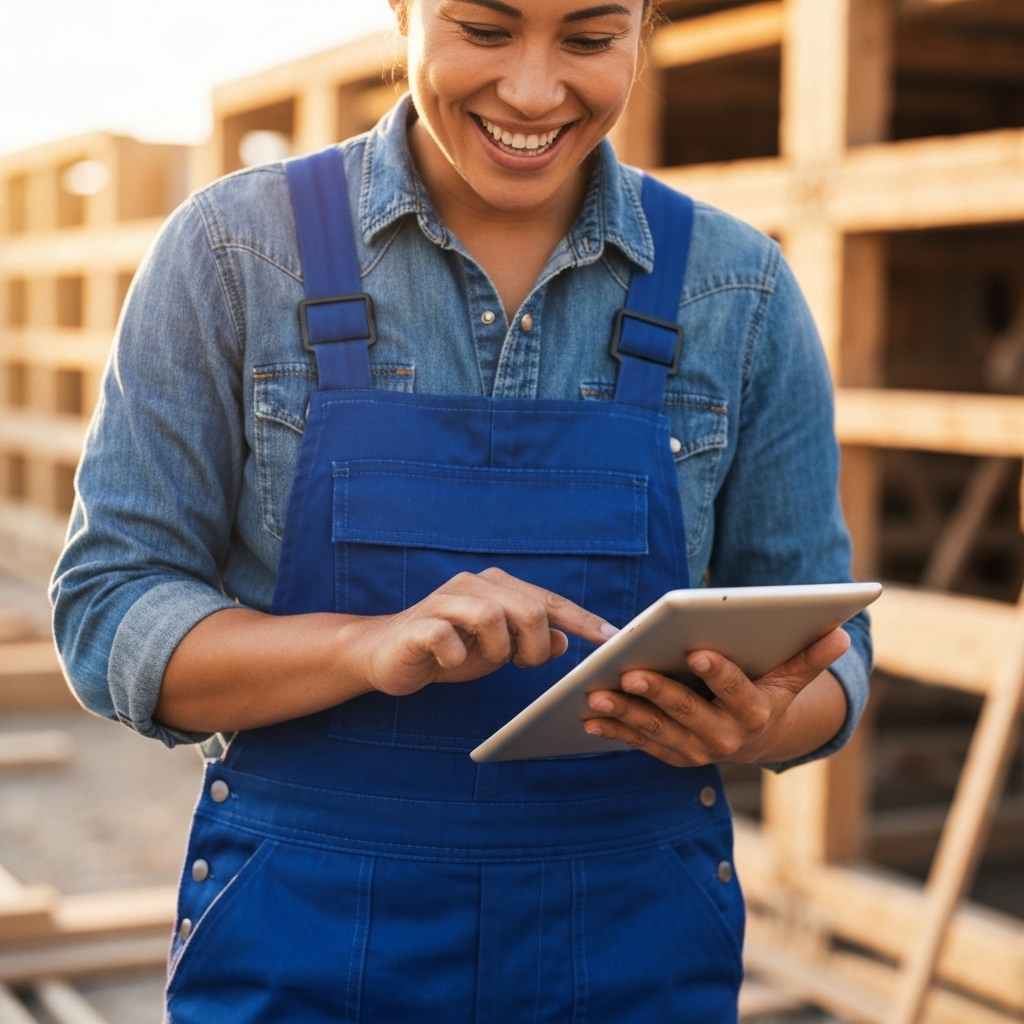 A close-up, realistic photo of a joyful artisan in work clothes using a tablet on a construction site to manage client data, soft lighting, high resolution