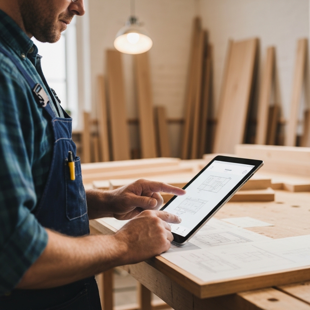 A professional carpenter using a tablet in a woodworking workshop to manage stock and check plans
