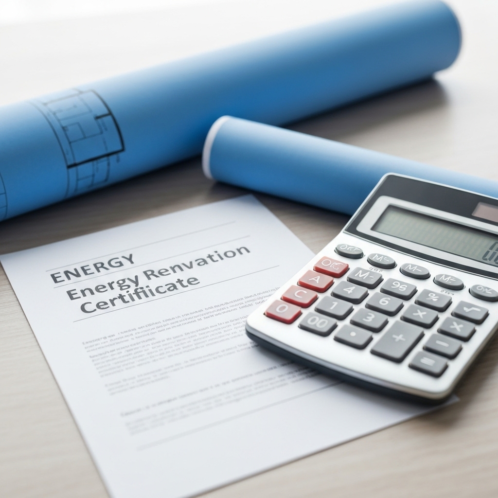 Close up of an energy renovation certificate document with a calculator and a blueprint