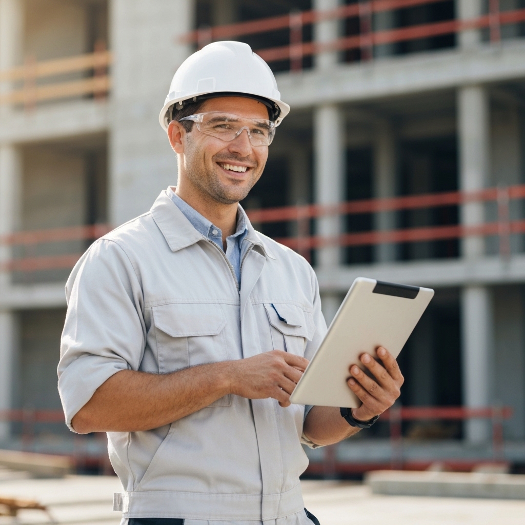 A professional electrician smiling while using a tablet on a construction site to manage a quote