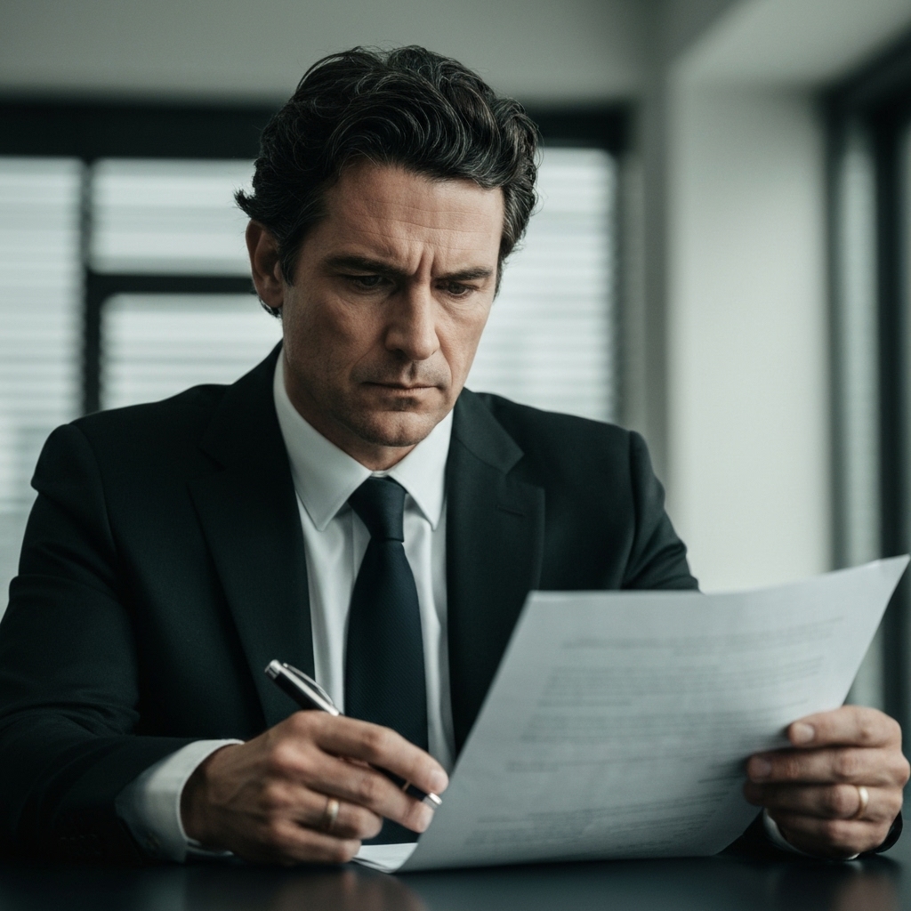Close up of a stressed construction manager looking at paperwork on a desk with a laptop open showing complex data