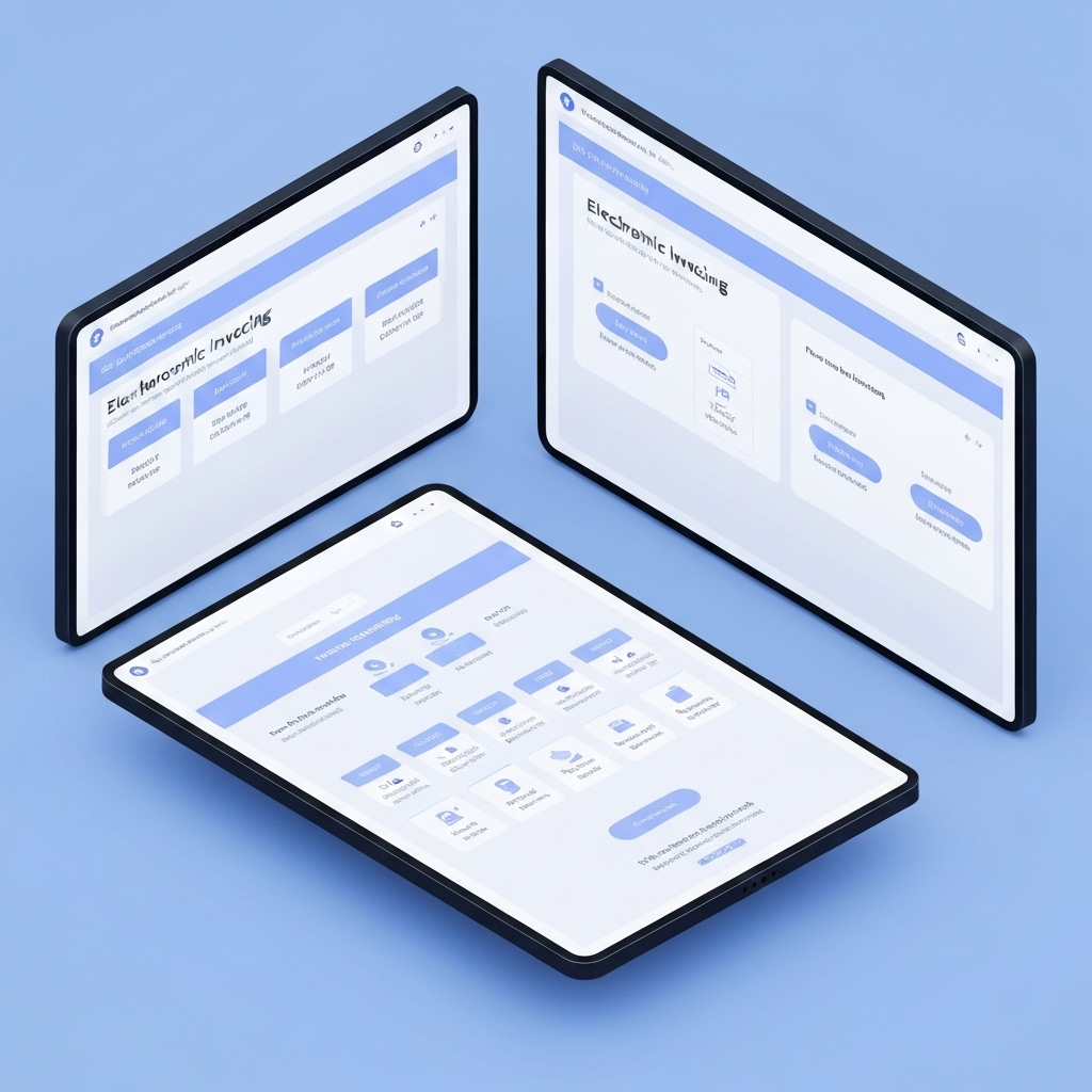 A close-up, realistic shot of a construction site manager wearing a helmet, looking at a digital tablet with a modern invoice interface, dusty construction background