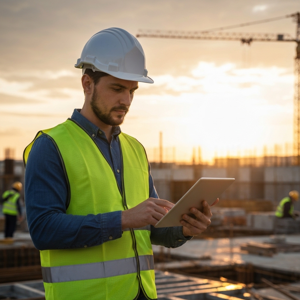 Engineer using a tablet on a construction site to manage invoices