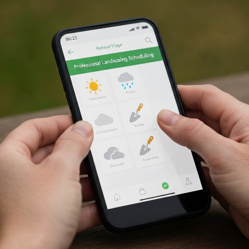 Close up on a smartphone screen showing a landscaping scheduling app with icons for weather and tools
