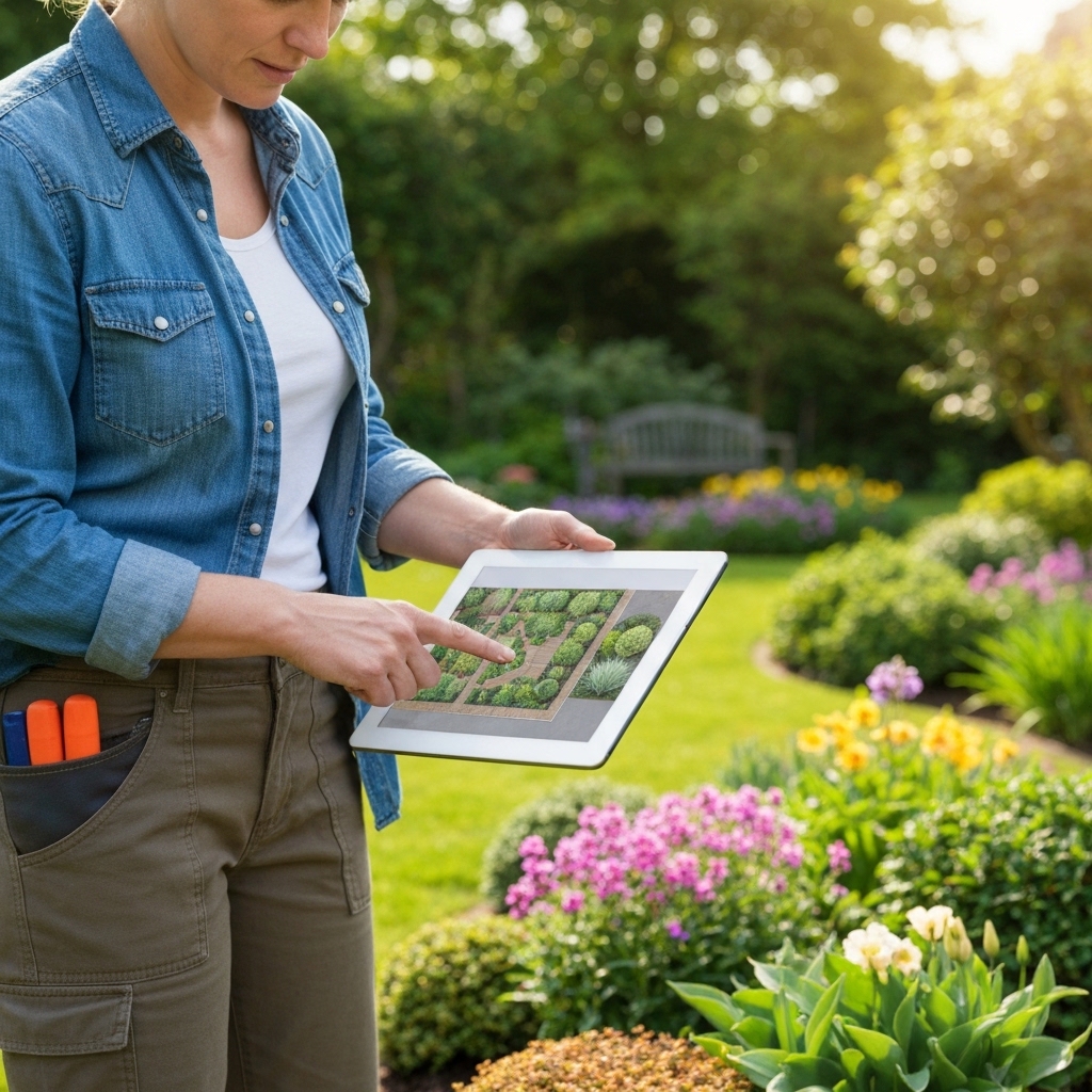 A professional landscaper using a digital tablet in a sunny garden to manage a quote, realistic style with high details