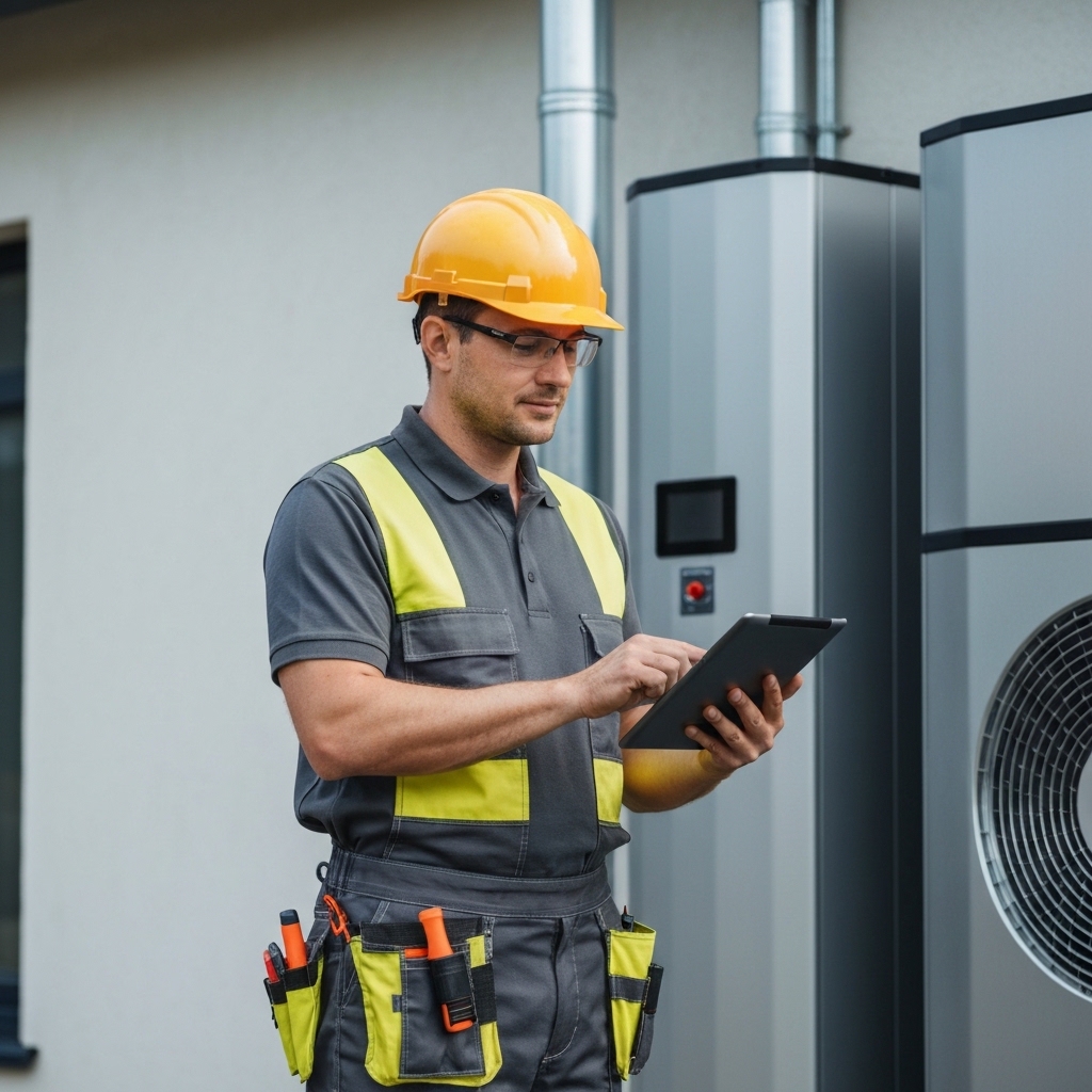 Realistic photo of a construction technician using a tablet in front of a modern heat pump installation, checking data on a software interface.