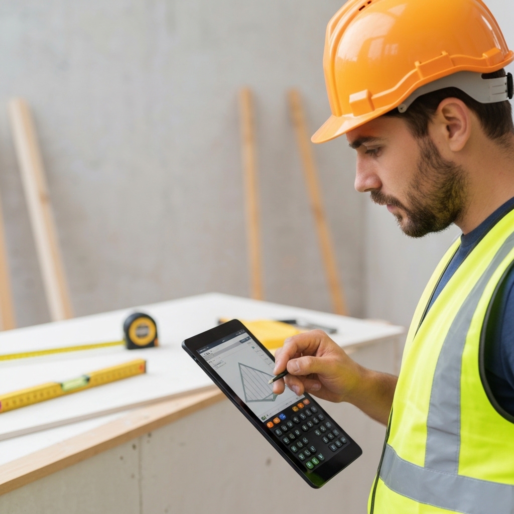 Close-up of a construction artisan using a tablet to calculate measurements on a renovation site with a blurry background of tools