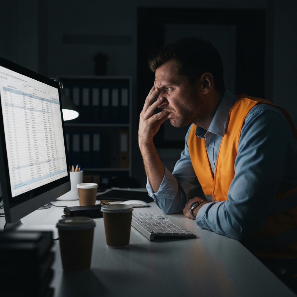 A photo-realistic image of a tired construction contractor sitting at a desk late at night looking frustrated at a chaotic Excel spreadsheet on a computer screen, with coffee cups around.