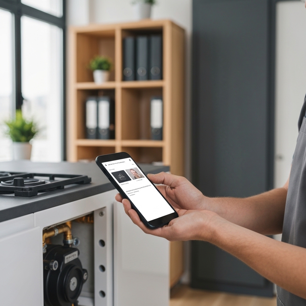 Heating company technician checking smartphone app while kneeling next to residential boiler installation, tool bag visible, modern home interior